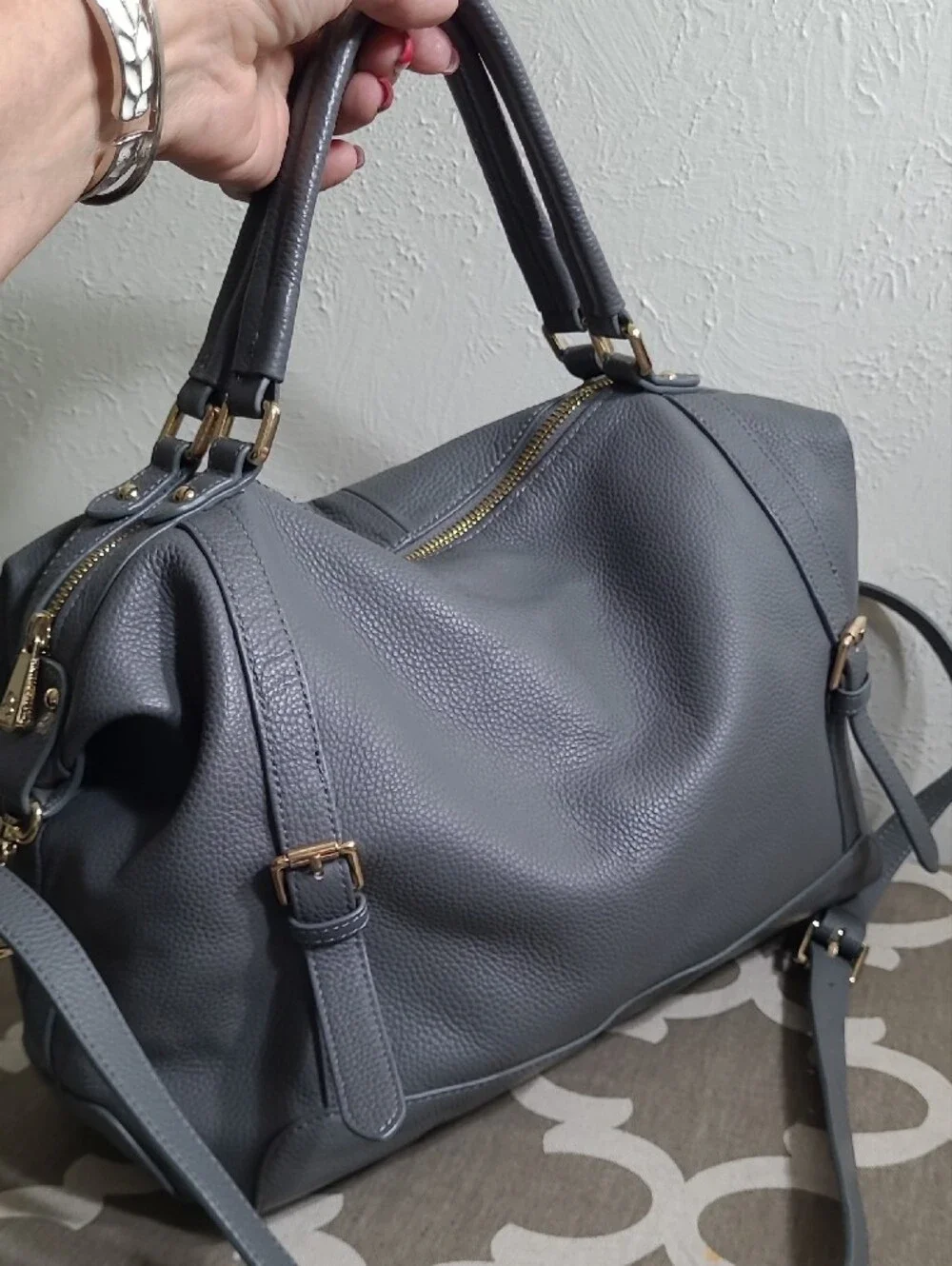 ✔️ Ora Delphine Gray Leather Satchel with Gold Hardware